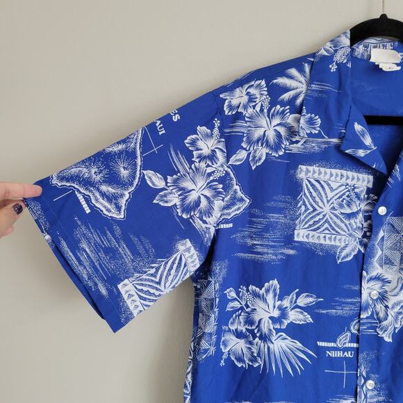 Vintage Aikane Hawaii Retro Blue Palm Tree Tropical Print Button Down Shirt XL - Picture 3 of 8